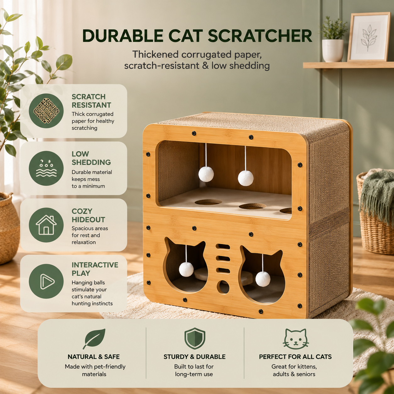 3-Level Modern Cat Scratcher House with Corrugated Scratching Board & Interactive Hanging Balls
