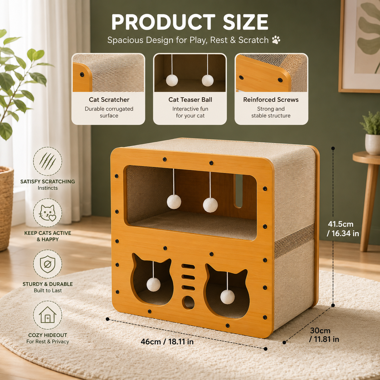 3-Level Modern Cat Scratcher House with Corrugated Scratching Board & Interactive Hanging Balls