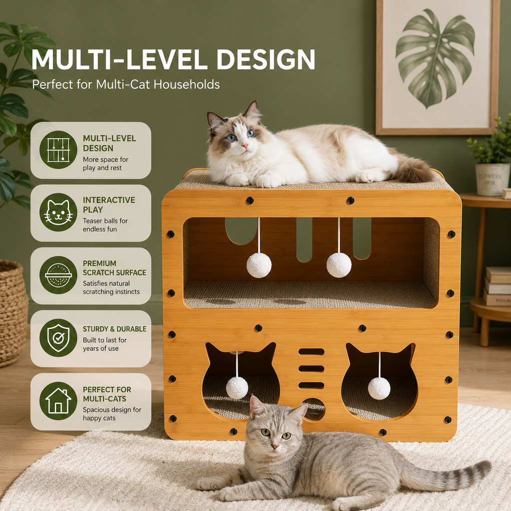 3-Level Modern Cat Scratcher House with Corrugated Scratching Board & Interactive Hanging Balls