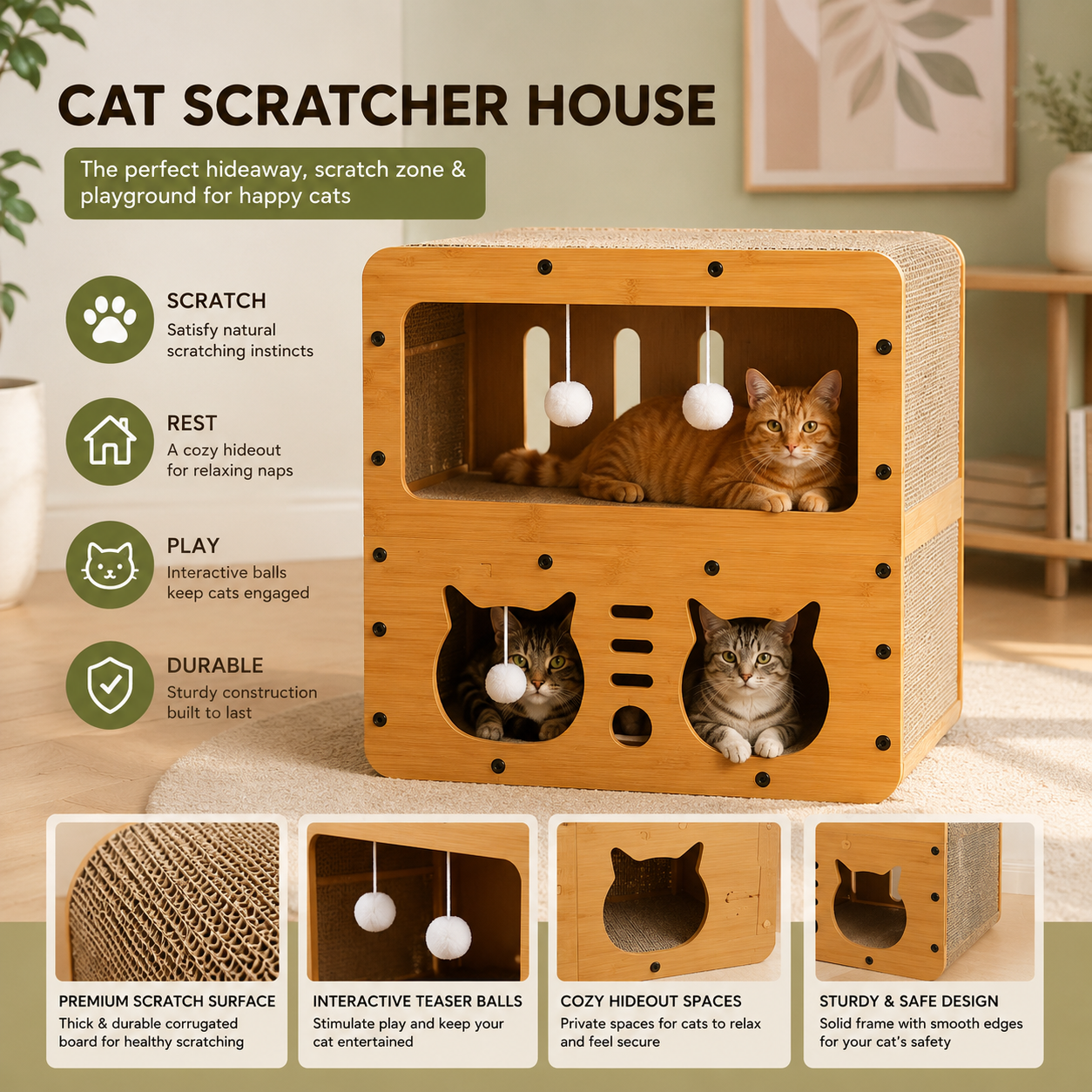 3-Level Modern Cat Scratcher House with Corrugated Scratching Board & Interactive Hanging Balls