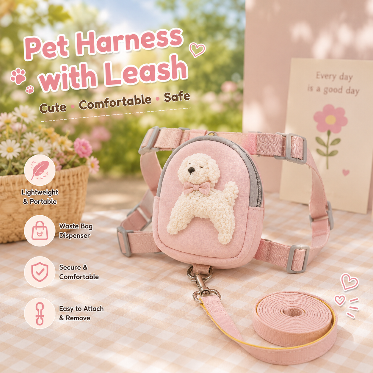 Adjustable Dog Harness with Backpack & Leash Set, Cute Pet Treat Pouch Vest Harness for Small Dogs & Cats