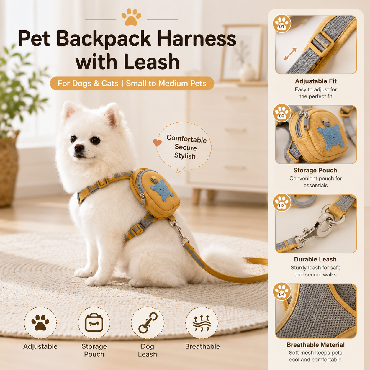 Adjustable Dog Harness with Backpack & Leash Set, Cute Pet Treat Pouch Vest Harness for Small Dogs & Cats