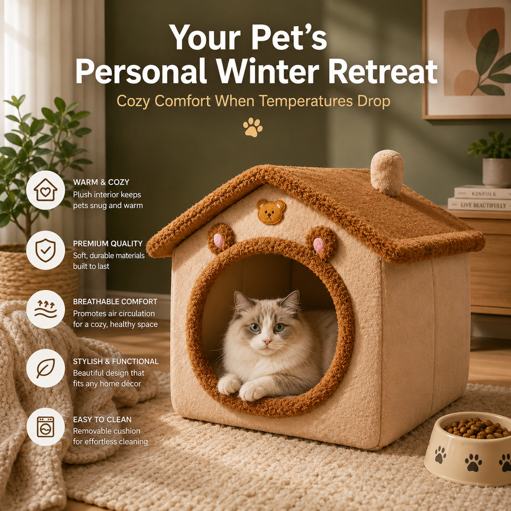 Cozy Plush Pet House Bed, Foldable Indoor Cat & Small Dog Cave Bed with Soft Cushion & Non-Slip Bottom