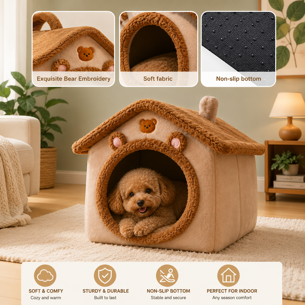 Cozy Plush Pet House Bed, Foldable Indoor Cat & Small Dog Cave Bed with Soft Cushion & Non-Slip Bottom