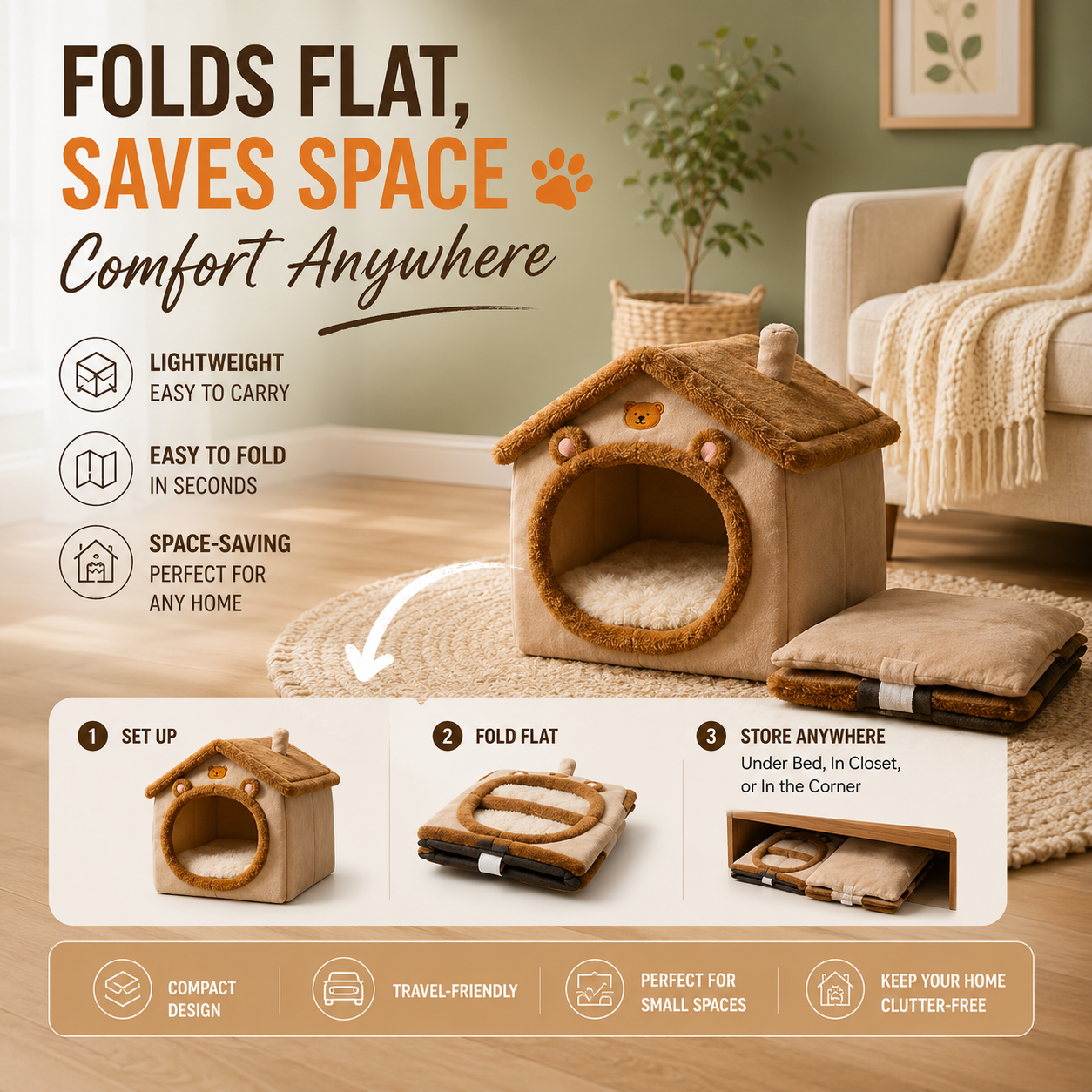 Cozy Plush Pet House Bed, Foldable Indoor Cat & Small Dog Cave Bed with Soft Cushion & Non-Slip Bottom