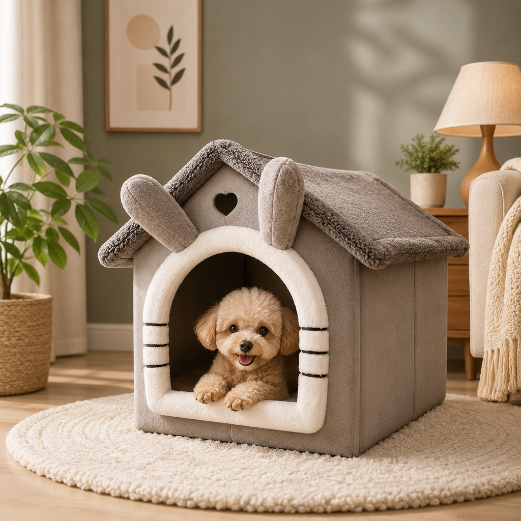Cozy Plush Pet House Bed, Foldable Indoor Cat & Small Dog Cave Bed with Soft Cushion & Non-Slip Bottom