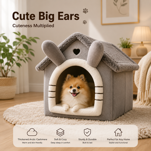 Cozy Plush Pet House Bed, Foldable Indoor Cat & Small Dog Cave Bed with Soft Cushion & Non-Slip Bottom
