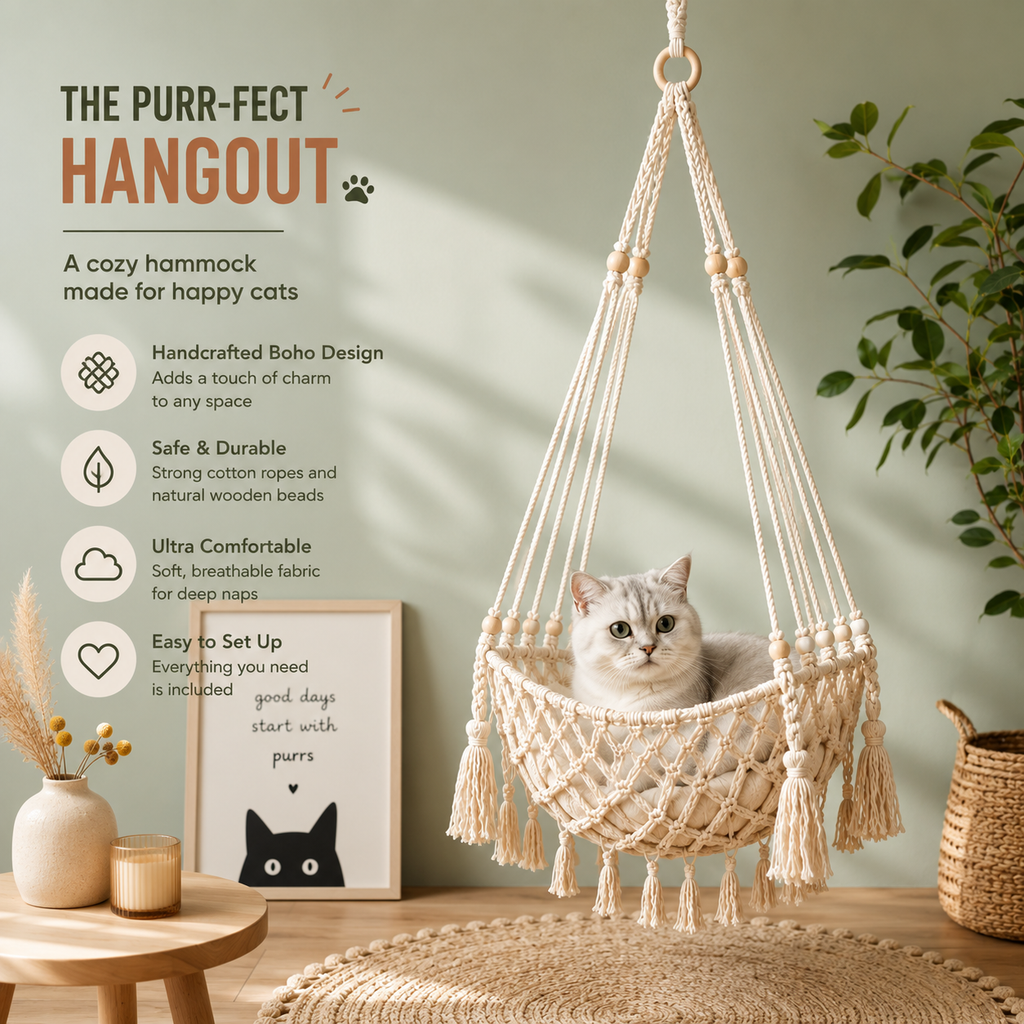Handwoven Macramé Cat HamHanging Cat Swing Bed with Soft Cushion, Cotton Rope & Wooden Beads for Indoor Cats