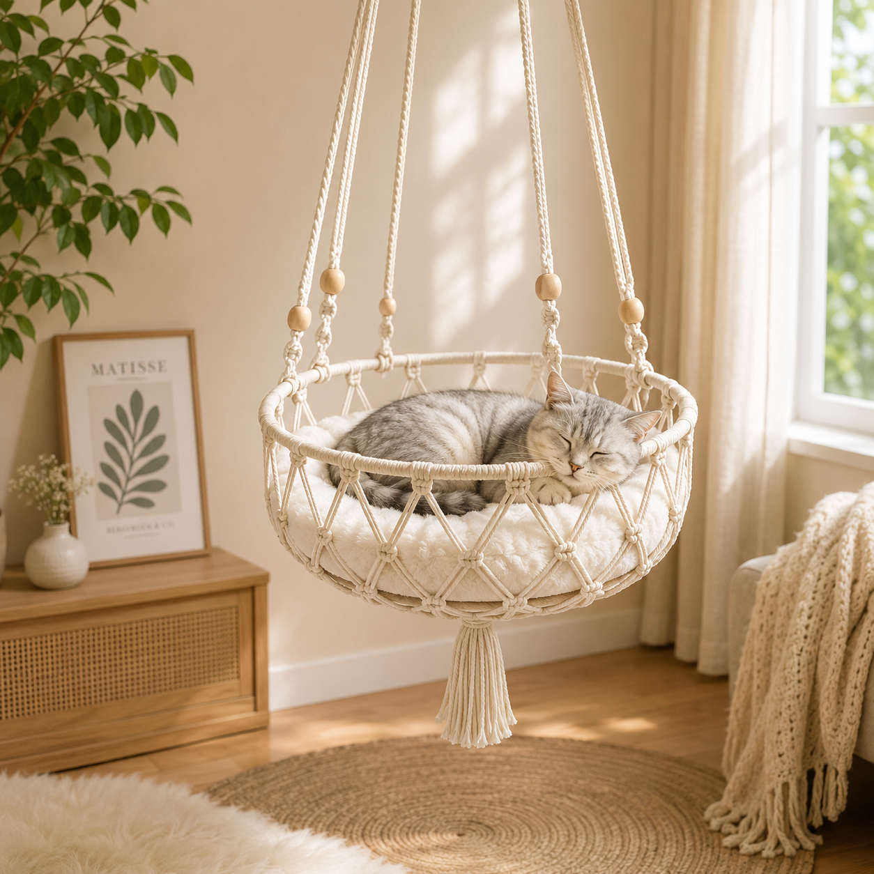 Handwoven Macramé Cat HamHanging Cat Swing Bed with Soft Cushion, Cotton Rope & Wooden Beads for Indoor Cats