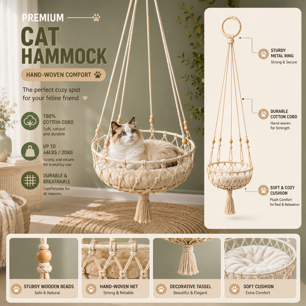 Handwoven Macramé Cat HamHanging Cat Swing Bed with Soft Cushion, Cotton Rope & Wooden Beads for Indoor Cats