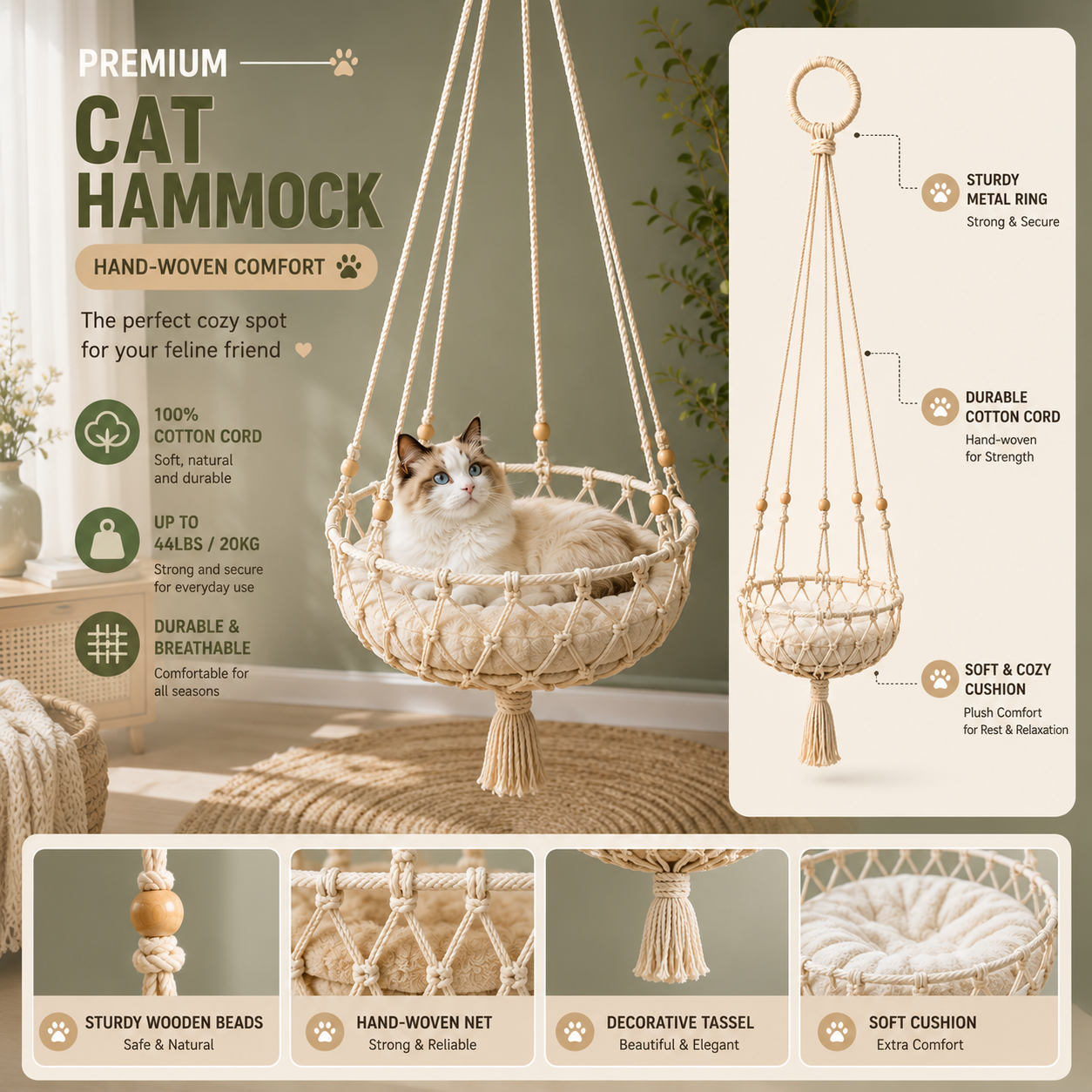 Handwoven Macramé Cat HamHanging Cat Swing Bed with Soft Cushion, Cotton Rope & Wooden Beads for Indoor Cats