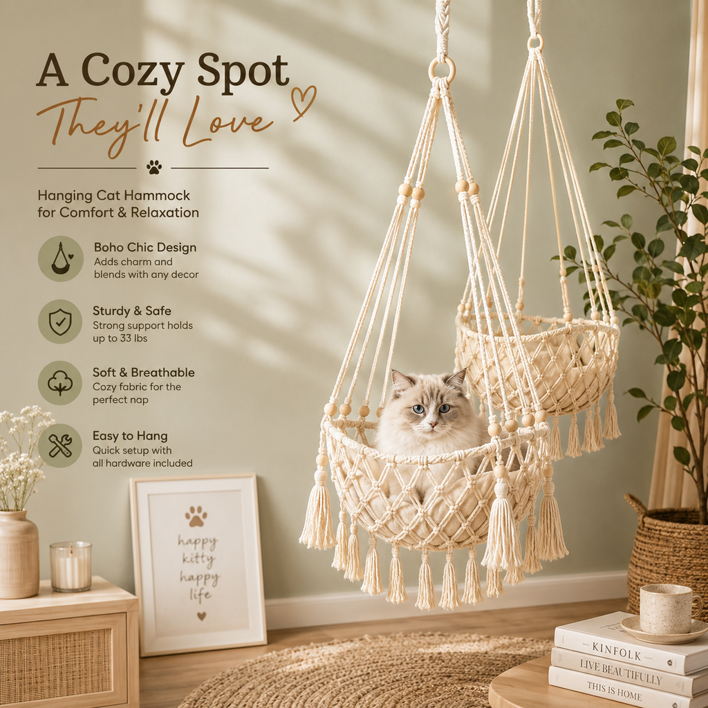 Handwoven Macramé Cat HamHanging Cat Swing Bed with Soft Cushion, Cotton Rope & Wooden Beads for Indoor Cats