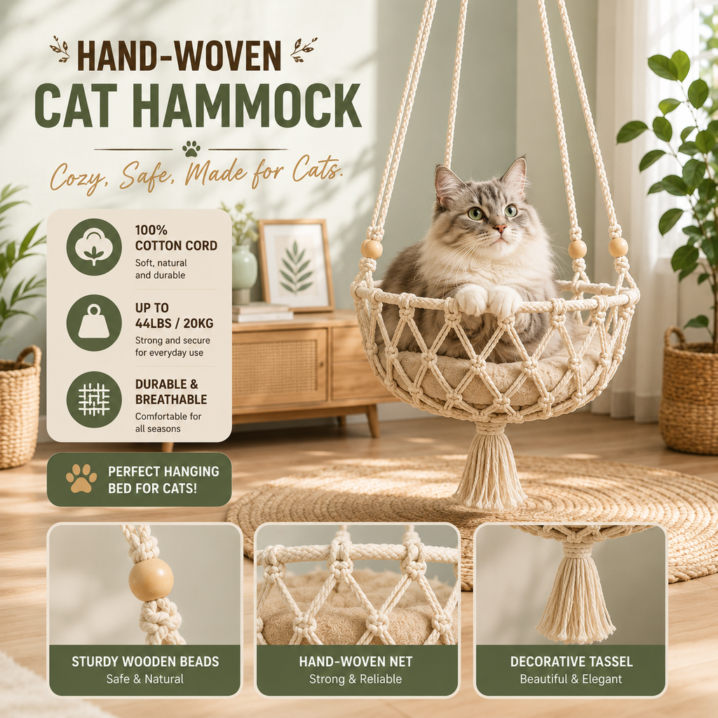 Handwoven Macramé Cat HamHanging Cat Swing Bed with Soft Cushion, Cotton Rope & Wooden Beads for Indoor Cats