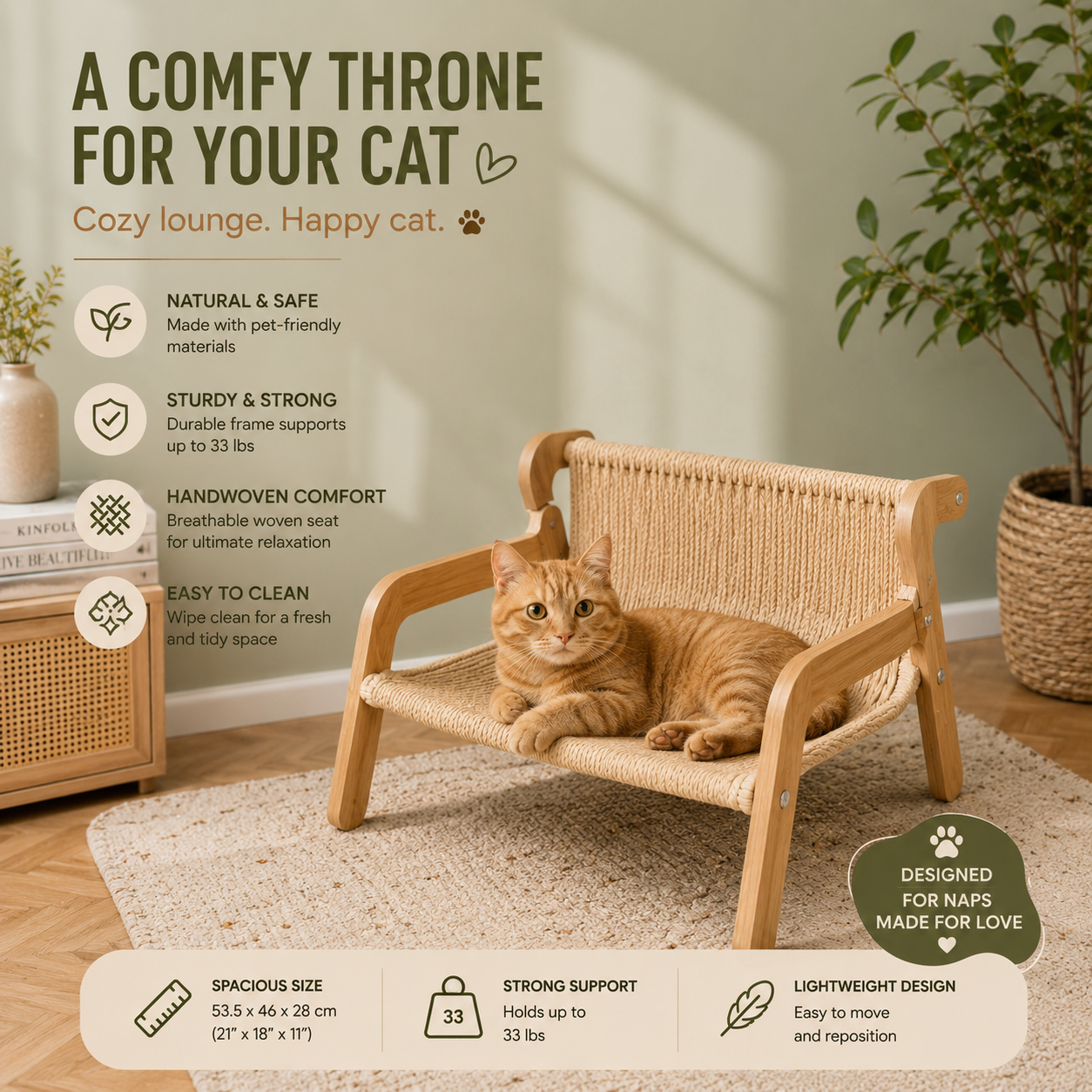 Modern Wooden Cat Hammock Lounge Bed, Elevated Sisal Cat Cot with Solid Wood Frame for Indoor Cats