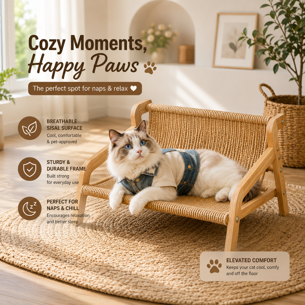 Modern Wooden Cat Hammock Lounge Bed, Elevated Sisal Cat Cot with Solid Wood Frame for Indoor Cats
