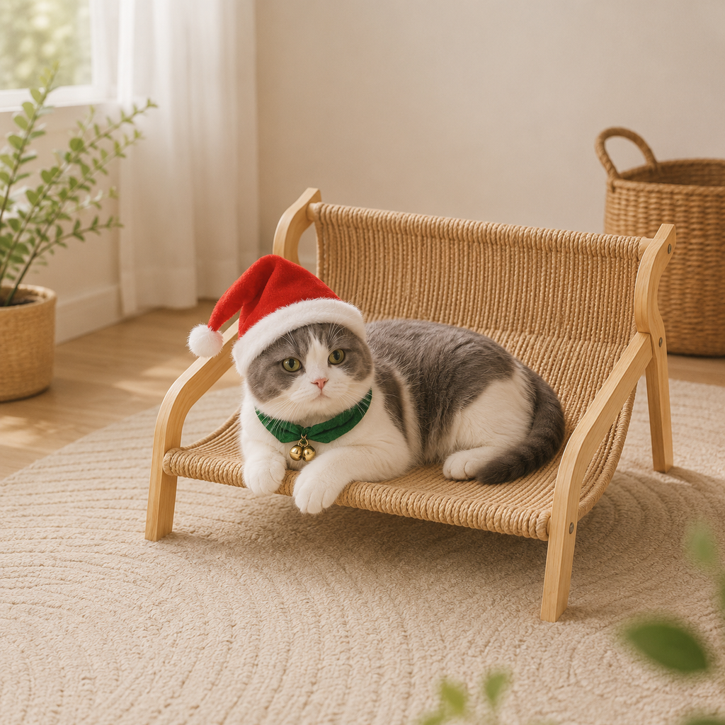 Modern Wooden Cat Hammock Lounge Bed, Elevated Sisal Cat Cot with Solid Wood Frame for Indoor Cats
