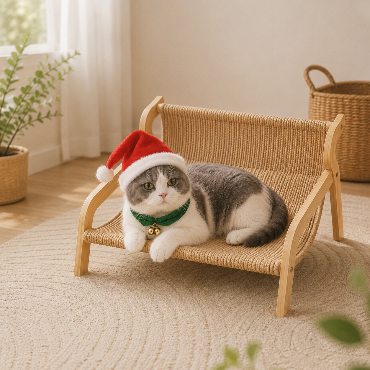 Modern Wooden Cat Hammock Lounge Bed, Elevated Sisal Cat Cot with Solid Wood Frame for Indoor Cats