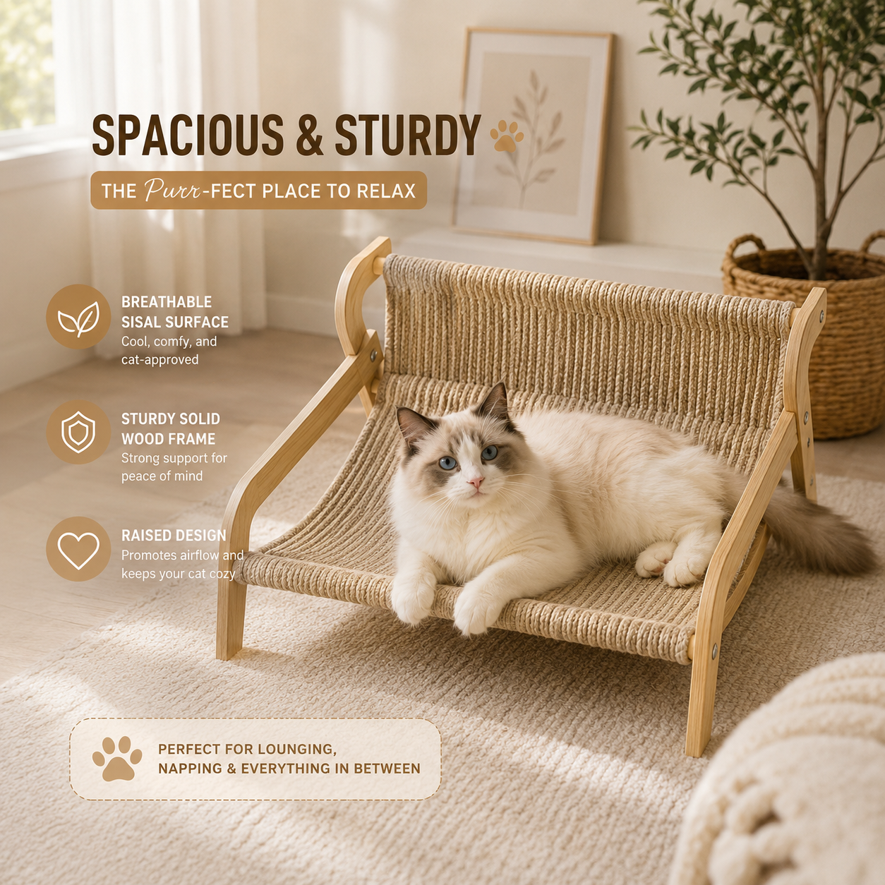 Modern Wooden Cat Hammock Lounge Bed, Elevated Sisal Cat Cot with Solid Wood Frame for Indoor Cats