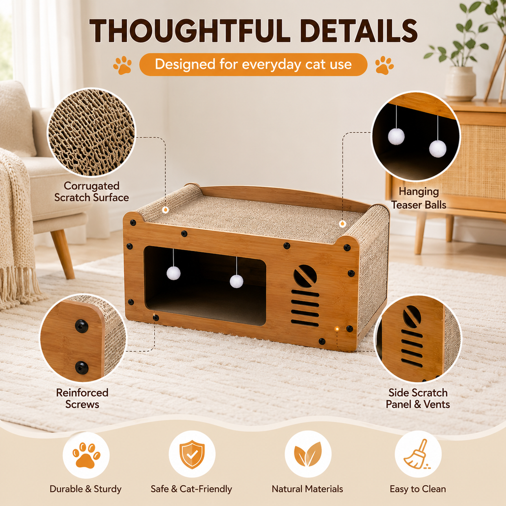 Modern Wooden Cat Scratcher Lounge Bed with Hideaway, Corrugated Scratch Pad & Interactive Teaser Balls, Cat Scratcher Sofa House for Indoor Cats