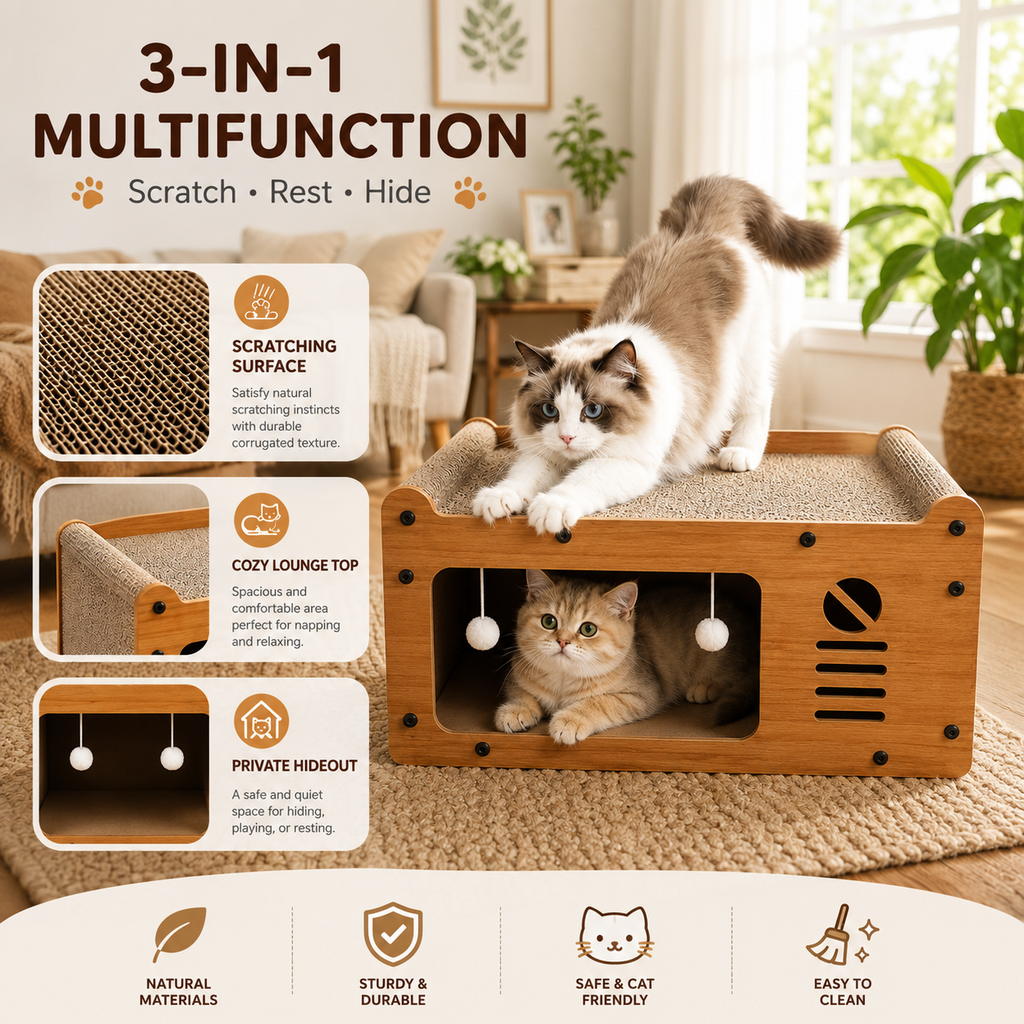 Modern Wooden Cat Scratcher Lounge Bed with Hideaway, Corrugated Scratch Pad & Interactive Teaser Balls, Cat Scratcher Sofa House for Indoor Cats