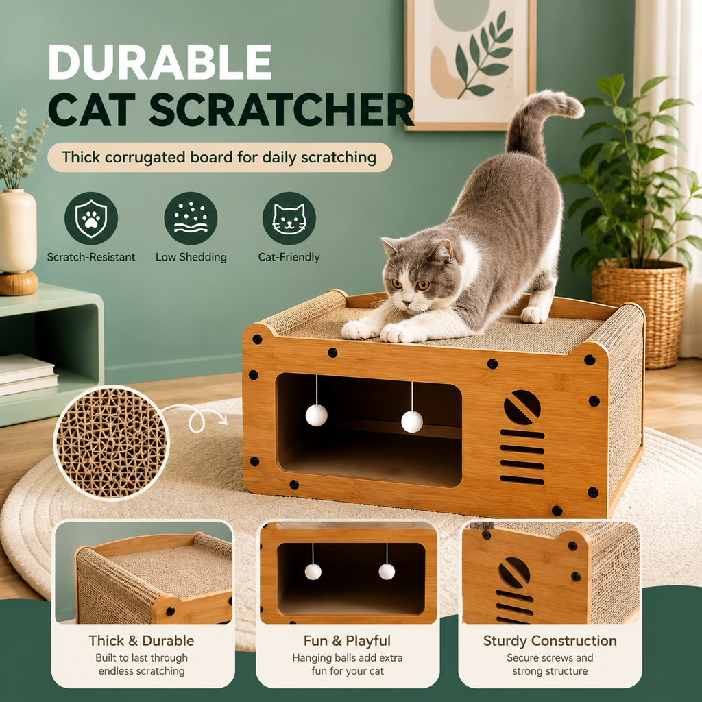 Modern Wooden Cat Scratcher Lounge Bed with Hideaway, Corrugated Scratch Pad & Interactive Teaser Balls, Cat Scratcher Sofa House for Indoor Cats
