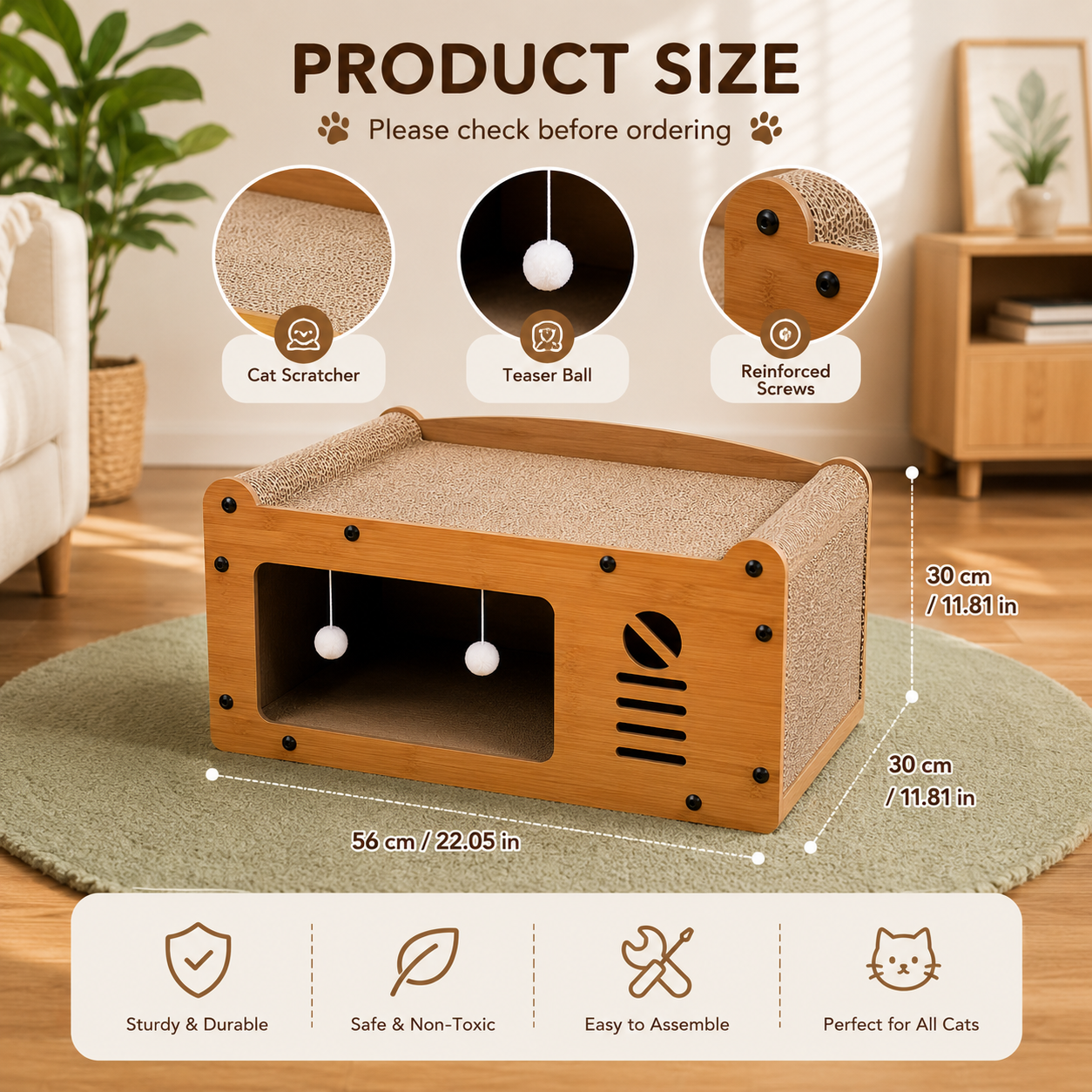 Modern Wooden Cat Scratcher Lounge Bed with Hideaway, Corrugated Scratch Pad & Interactive Teaser Balls, Cat Scratcher Sofa House for Indoor Cats