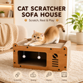 Modern Wooden Cat Scratcher Lounge Bed with Hideaway, Corrugated Scratch Pad & Interactive Teaser Balls, Cat Scratcher Sofa House for Indoor Cats