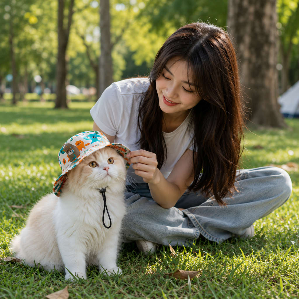 Pet Sun Hat with Ear Holes, Adjustable Summer Bucket Hat for Cats & Small Dogs, Lightweight Breathable Outdoor Cap with Chin Strap