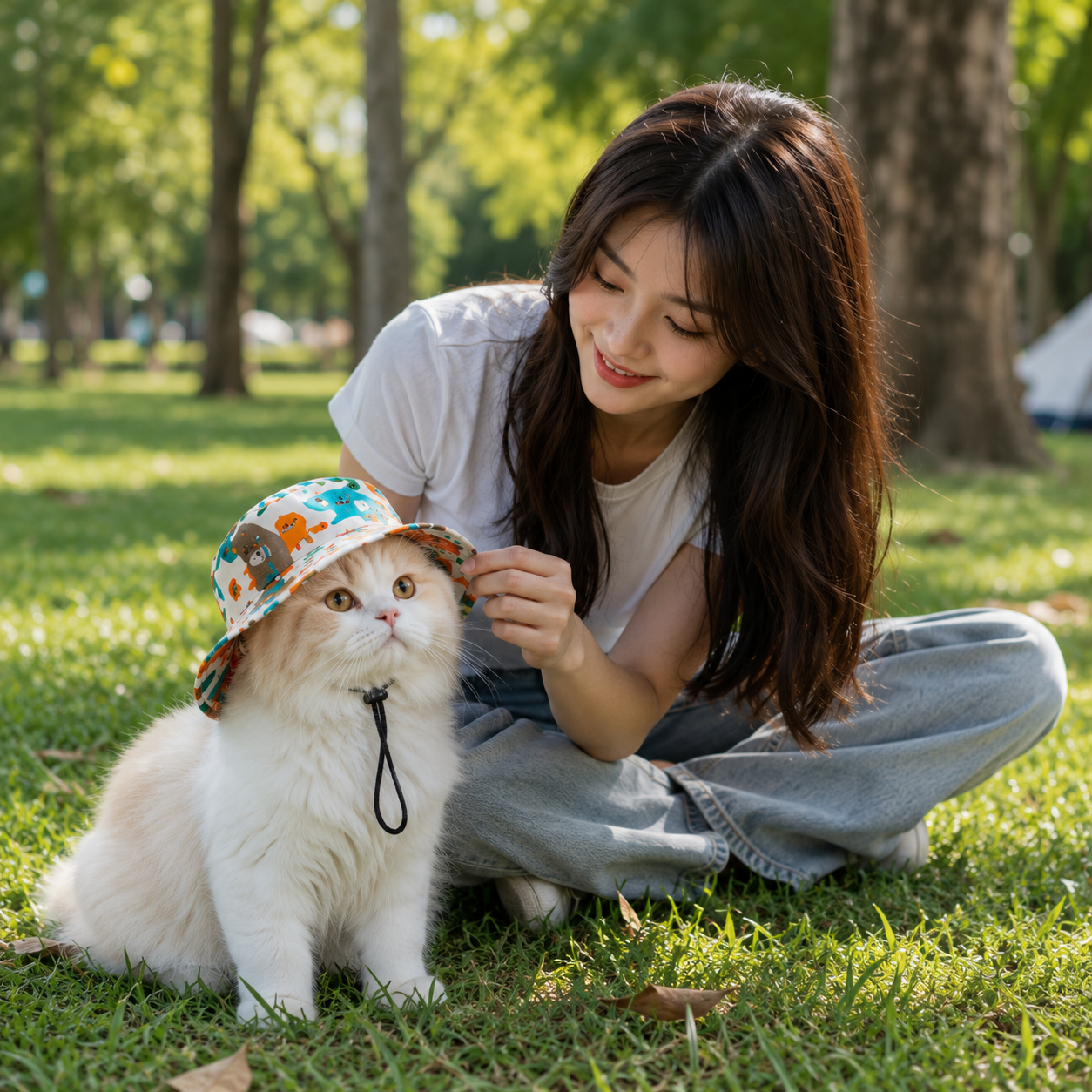 Pet Sun Hat with Ear Holes, Adjustable Summer Bucket Hat for Cats & Small Dogs, Lightweight Breathable Outdoor Cap with Chin Strap