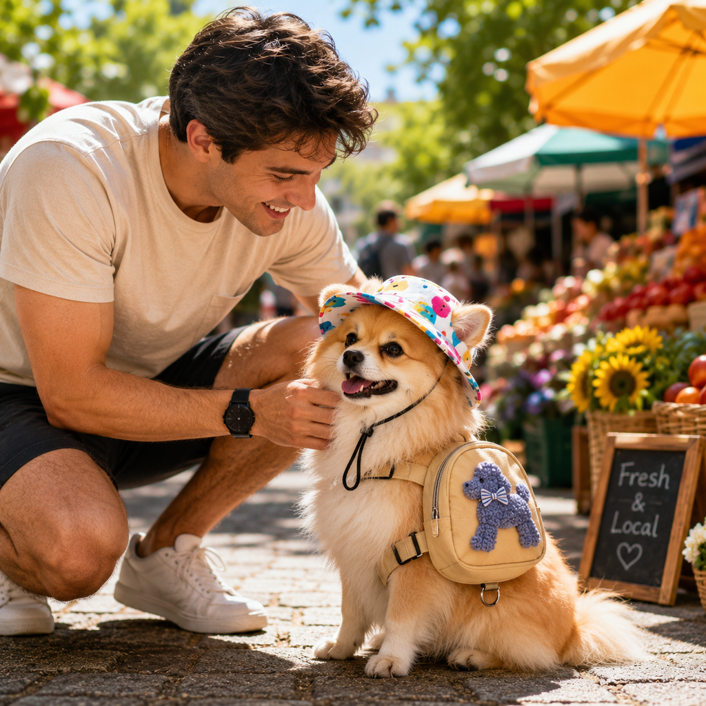 Pet Sun Hat with Ear Holes, Adjustable Summer Bucket Hat for Cats & Small Dogs, Lightweight Breathable Outdoor Cap with Chin Strap