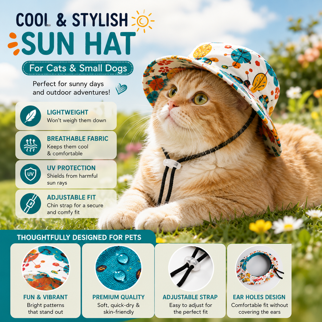 Pet Sun Hat with Ear Holes, Adjustable Summer Bucket Hat for Cats & Small Dogs, Lightweight Breathable Outdoor Cap with Chin Strap