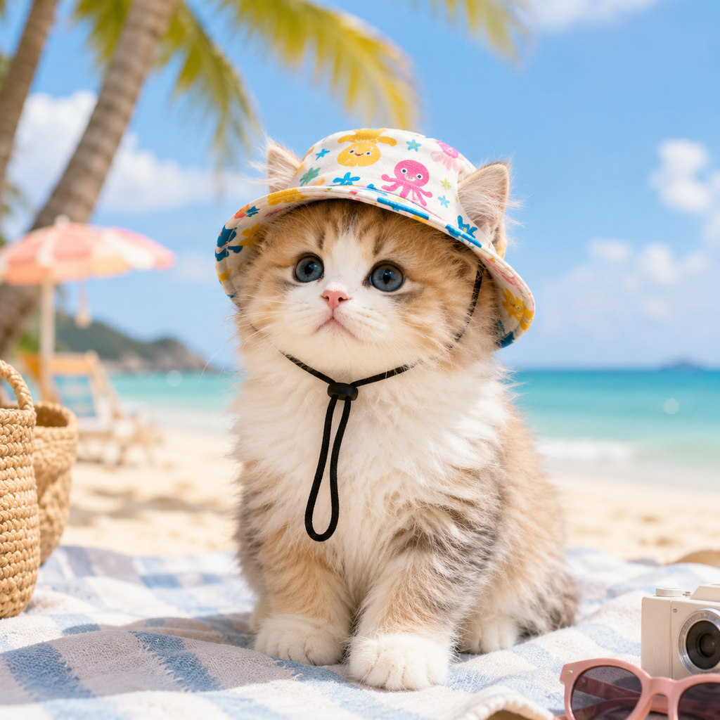 Pet Sun Hat with Ear Holes, Adjustable Summer Bucket Hat for Cats & Small Dogs, Lightweight Breathable Outdoor Cap with Chin Strap