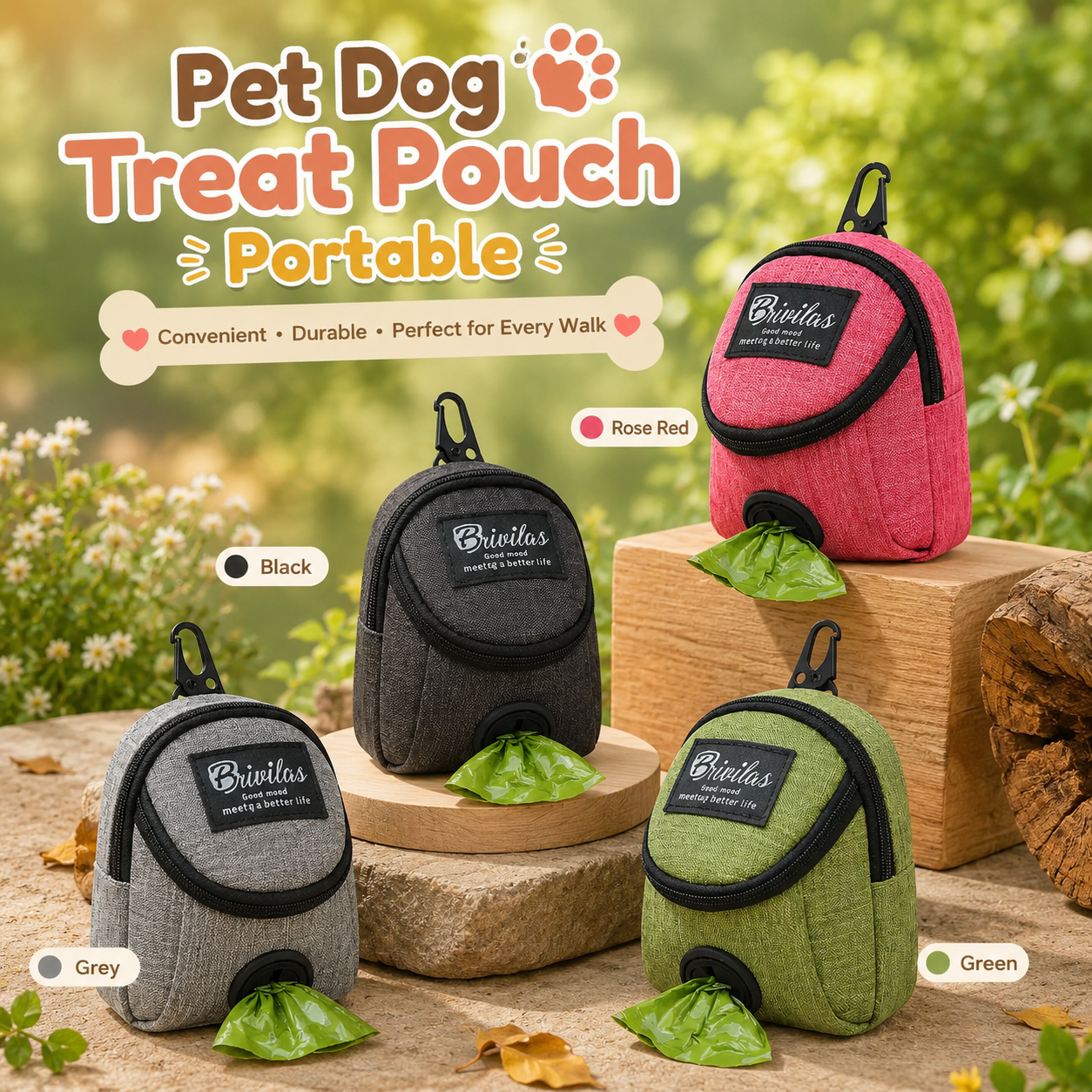 Portable Dog Treat Pouch with Poop Bag Dispenser, Clip-On Training Treat Bag for Dog Walking, Snack Storage & Waste Bag Holder