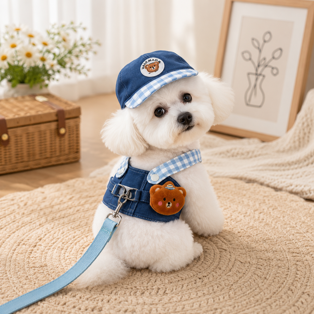 Cute Dog Harness Set with Matching Cap & Leash, Adjustable Soft Mesh Vest for Small Dogs & Cats, Breathable Puppy Walking Outfit