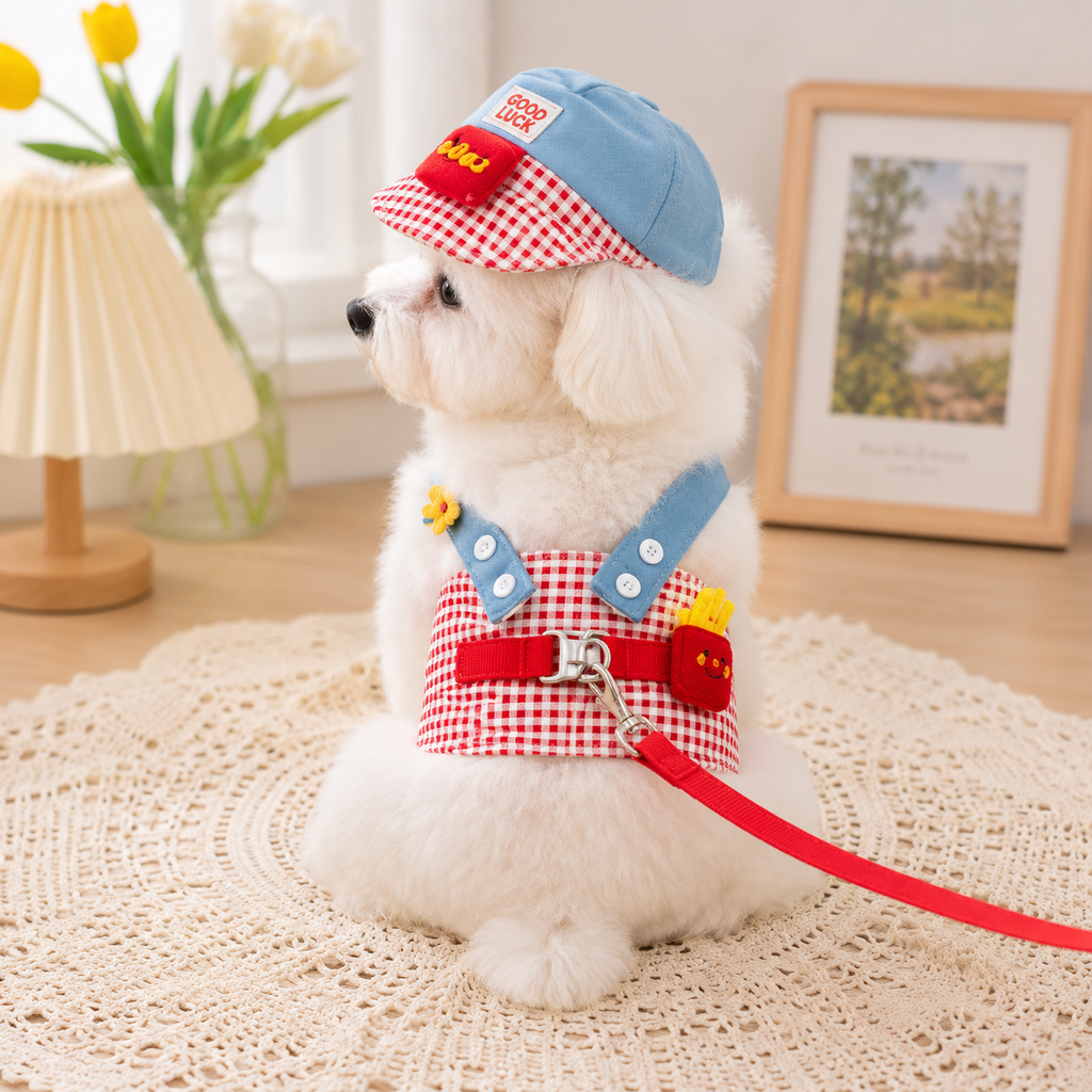 Cute Dog Harness Set with Matching Cap & Leash, Adjustable Soft Mesh Vest for Small Dogs & Cats, Breathable Puppy Walking Outfit