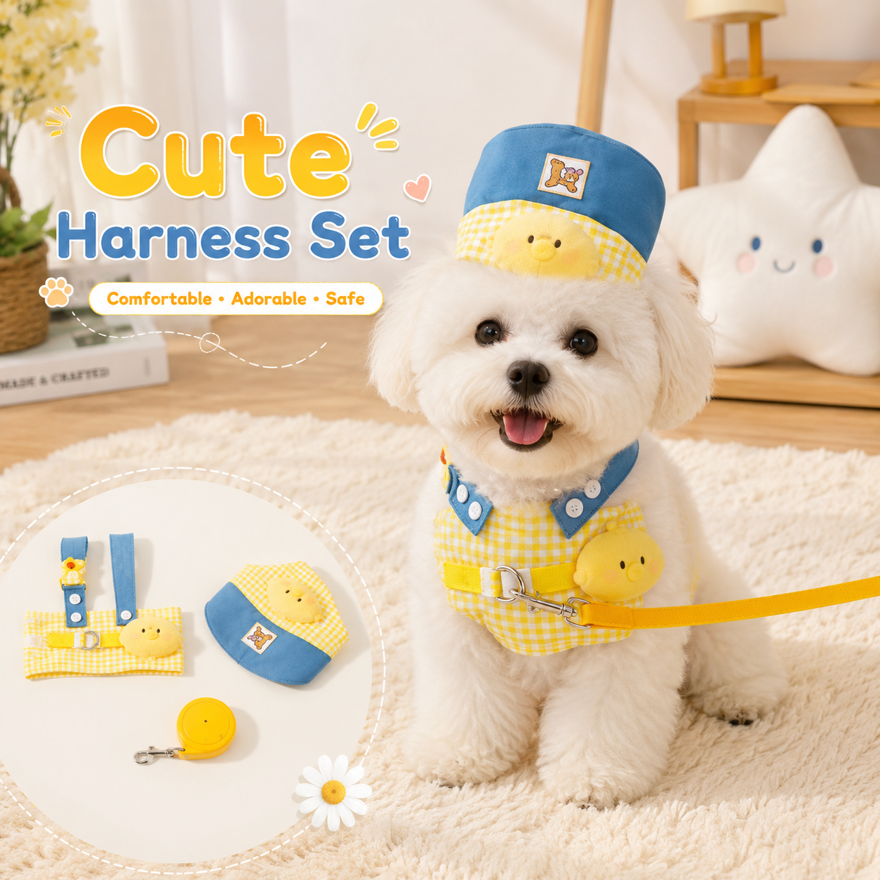Cute Dog Harness Set with Matching Cap & Leash, Adjustable Soft Mesh Vest for Small Dogs & Cats, Breathable Puppy Walking Outfit